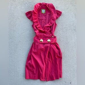 Elizabeth McKay Pink Ruffle Wrap Dress Size 4 Gold Button Resort Midi
